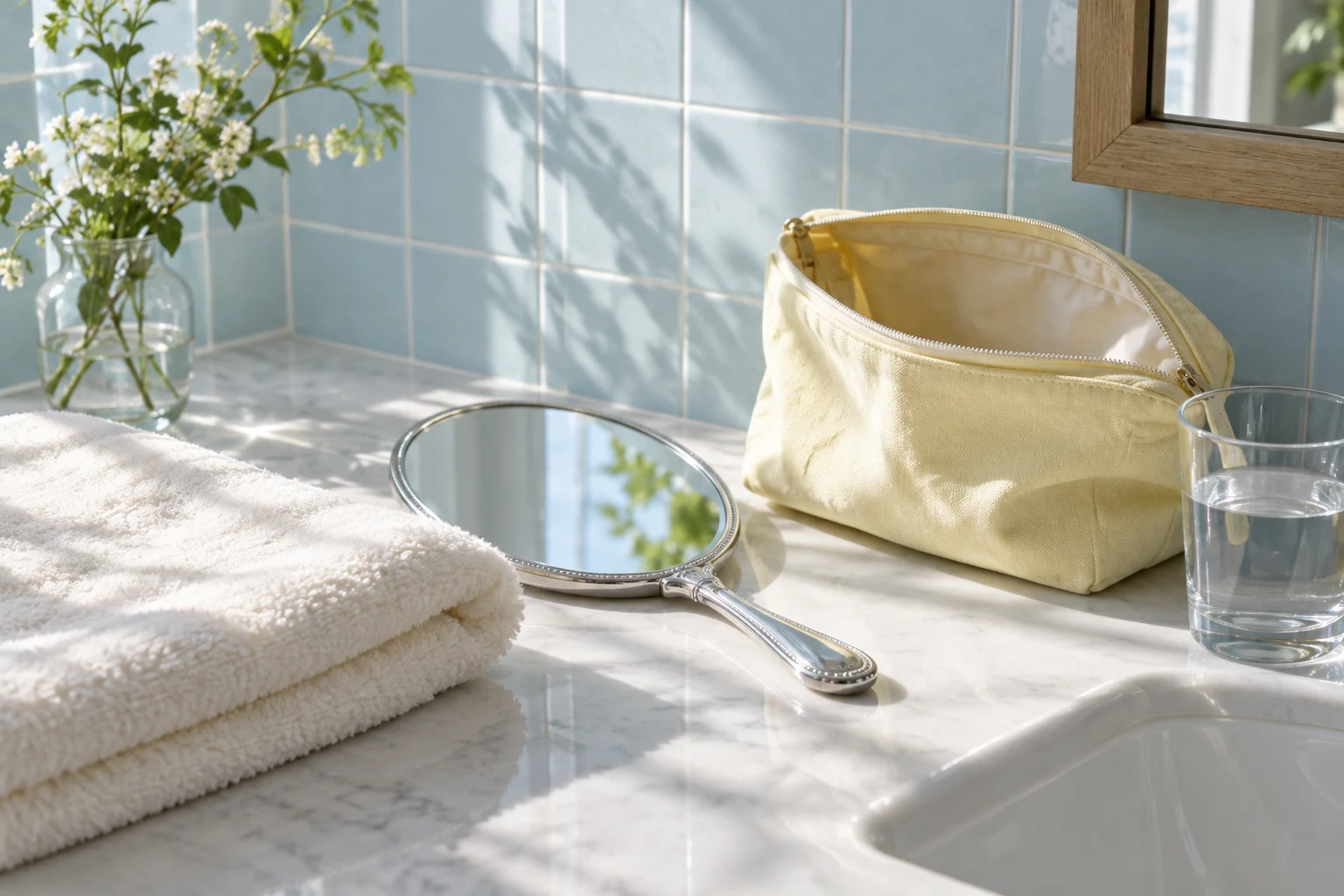 A sunlit washroom with a towel, mirror and open toiletry pouch for a daily skin-care routine