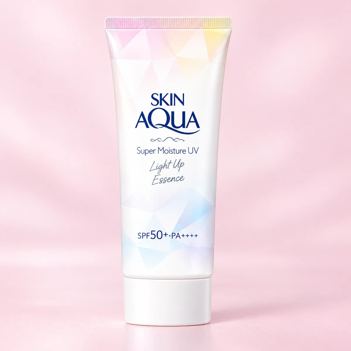 Illustration of the white Skin Aqua Light Up Essence tube with pastel facets